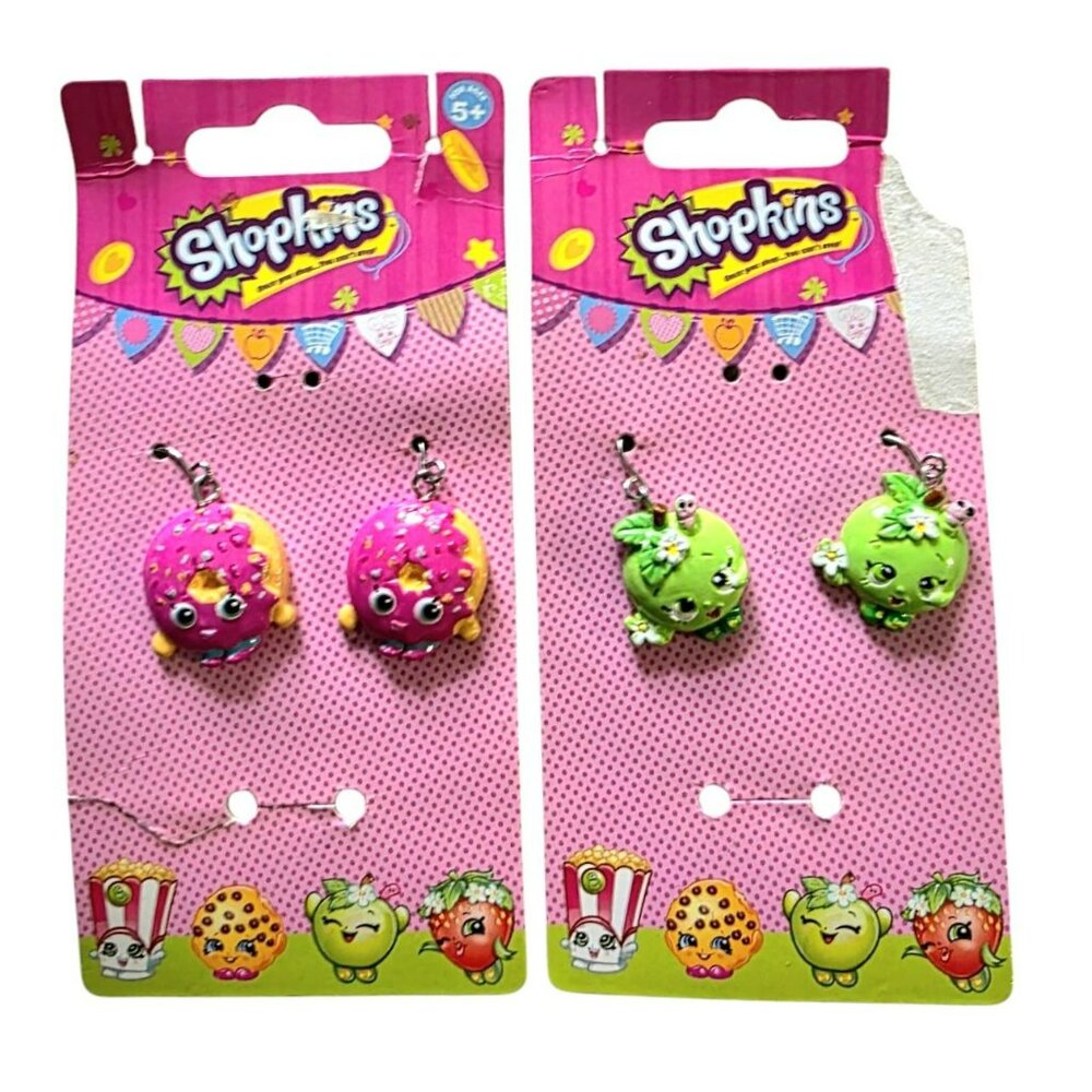 New Shopkins Dangle Earrings Green Apple Blossom & Dlish Pink Donut Kids Pierced